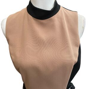 WHITE HOUSE BLACK MARKET Camel and Black Midi Semi-Wrap Sleeveless Dress Size 8